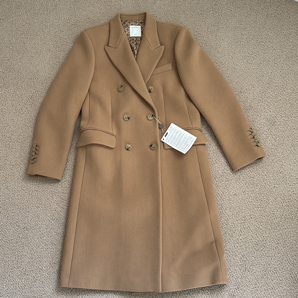 NWT Sandro Bayane Double Breasted Twill Coat Camel Virgin Wool